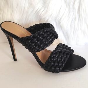 Shoe Dazzle Black Faux Leather Heel Woven Strap Heeled Sandals/Size 10